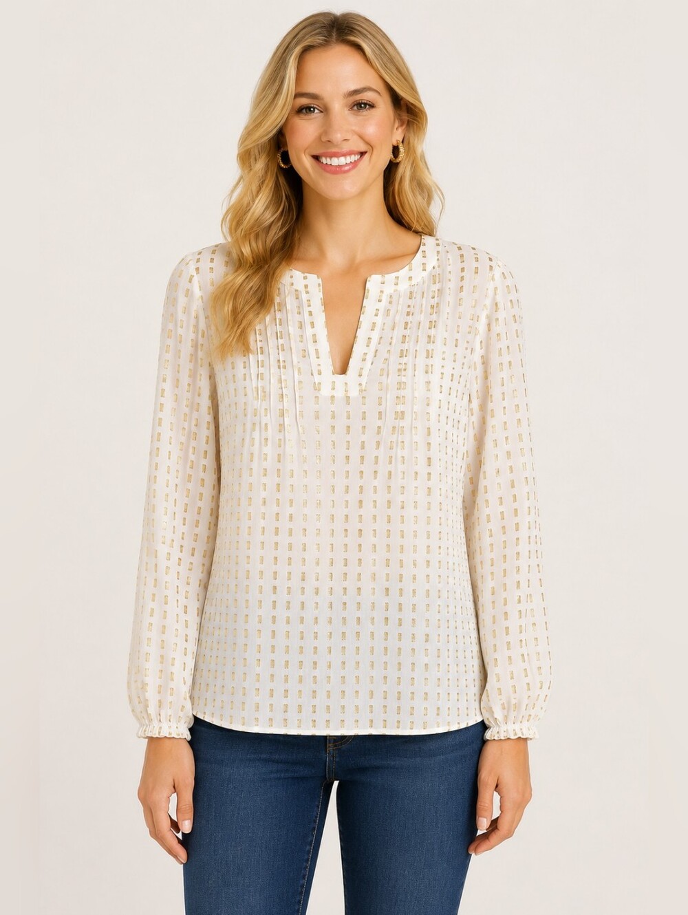 Lilly Pulitzer White Gold Metallic Silk Blend Blouse Size Lrg Sheer Long Sleeve